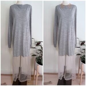 NWT Maison Martin Margiela Wool Blend  Tulle Trim Maxi Light Sweater Gray Dress 